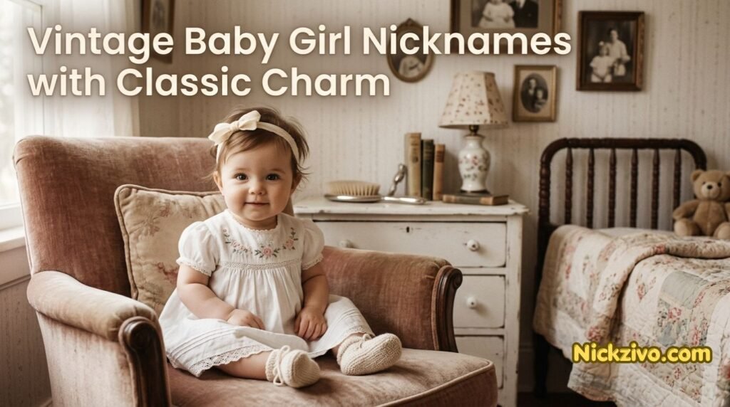 Baby girl in vintage clothing with classic nursery furniture