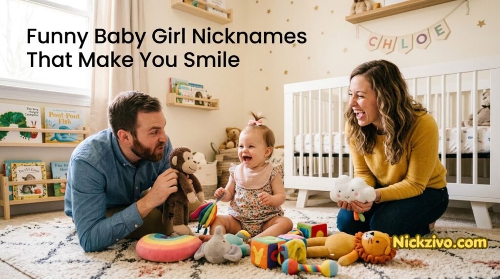 Laughing baby girl playing with colorful soft toys